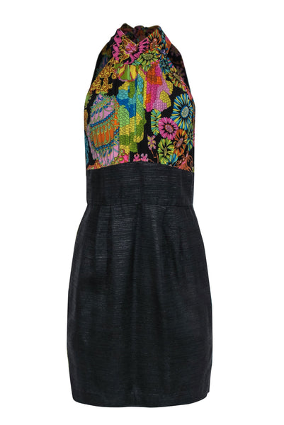 Keyhole Illusion High-Neck Sheath Pencil-Skirt Floral Print Sheath Dress