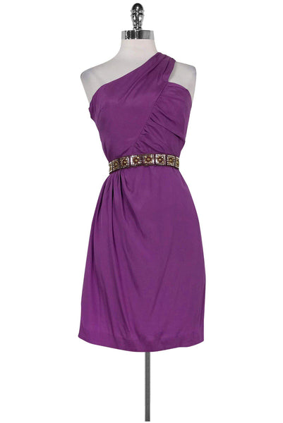 Cocktail Above the Knee One Shoulder Gathered Belted Beaded Hidden Side Zipper Silk Evening Dress With a Ribbon