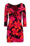 Floral Print 3/4 Sleeves Fitted Stretchy Self Tie Open-Back Summer Round Neck Dress