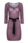 V-neck Tie Waist Waistline Belted Chevron Print Shift Long Sleeves Dress