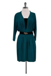 V-neck Belted Pleated Elasticized Waistline Silk Dress