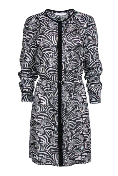 Tie Waist Waistline Animal Zebra Print Round Neck Rayon Long Sleeves Button Front Belted Shirt Dress
