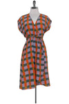 V-neck Silk Wrap Cap Sleeves Elasticized Waistline Checkered Print Dress