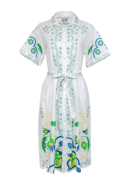 Tie Waist Waistline Floral Print Summer Short Sleeves Sleeves Belted Button Front Pocketed Shirt Midi Dress