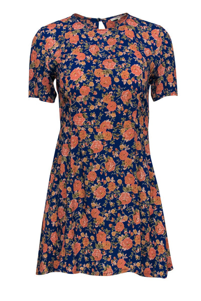 Rayon Floral Print Fit-and-Flare Fitted Cutout Hidden Side Zipper Spring Scoop Neck Short Sleeves Sleeves Dress