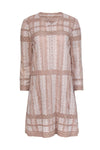 Cotton Button Front Embroidered Round Neck Shift Long Sleeves Dress