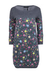 Ribbed Trim Spring Fall Embroidered Sequined Long Sleeves Shift Sweater Scoop Neck Floral Print Dress