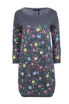 Scoop Neck Shift Sweater Floral Print Embroidered Sequined Spring Fall Ribbed Trim Long Sleeves Dress