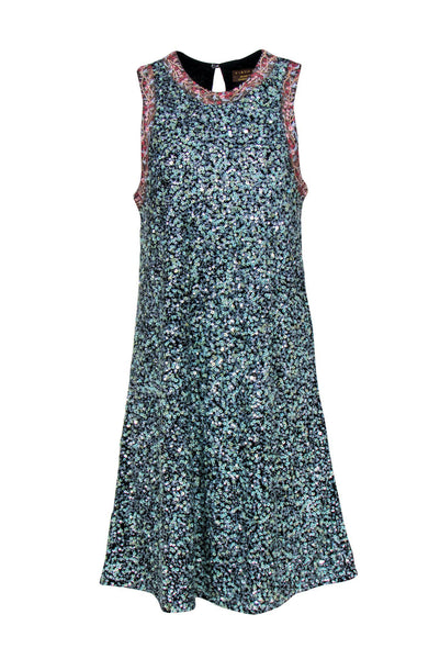 Floral Print Round Neck Spring Sleeveless Shift Embroidered Cutout Sequined Dress