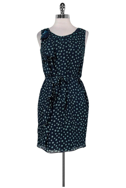Silk Sleeveless Round Neck Polka Dots Print Sequined Belted Mesh Side Zipper Dress With a Bow(s) and Ruffles