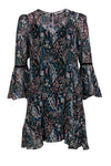 Bell Sleeves Silk Dropped Waistline Paisley Print Dress