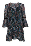 Bell Sleeves Paisley Print Silk Dropped Waistline Dress