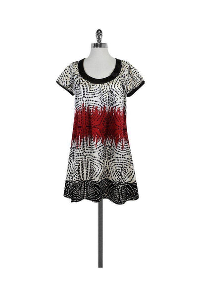 Abstract Print Short Sleeves Sleeves Shift Short Round Neck Keyhole Gathered Dress With a Bow(s)