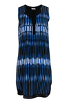 Sleeveless Striped Print Round Neck Silk Shift Button Front Dress