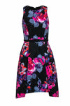 Fit-and-Flare Floral Print Sleeveless High-Low-Hem Fitted Belted Pocketed Pleated Round Neck Evening Dress/Midi Dress