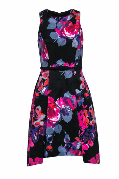 Fit-and-Flare Sleeveless Round Neck High-Low-Hem Floral Print Belted Fitted Pocketed Pleated Evening Dress/Midi Dress