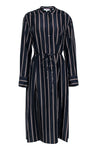 Sexy Long Sleeves Silk Summer Striped Print Mandarin Collar Button Front Pocketed Belted Slit Shift Shirt Dress