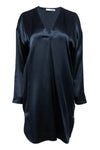 V-neck Slit Long Sleeves Shift Silk Dress