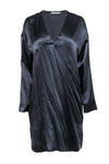 V-neck Long Sleeves Shift Silk Slit Dress