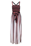 Striped Print Square Neck Pleated Belted Hidden Side Zipper Polyester Sleeveless Maxi Dress