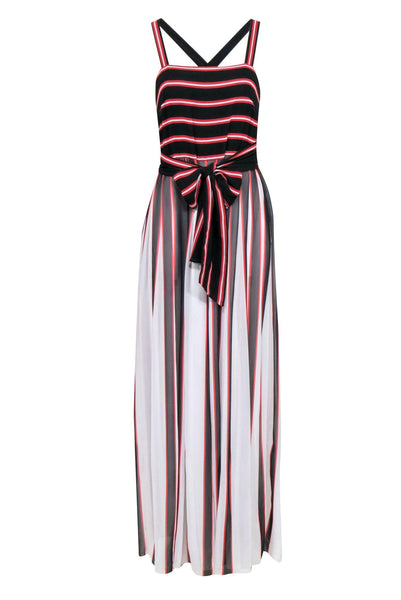 Square Neck Striped Print Hidden Side Zipper Belted Pleated Sleeveless Polyester Maxi Dress