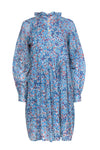 Pleated Button Closure Vintage Cotton Shift High-Neck Floral Print Long Sleeves Dress