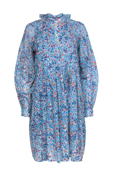 High-Neck Pleated Button Closure Vintage Long Sleeves Cotton Shift Floral Print Dress