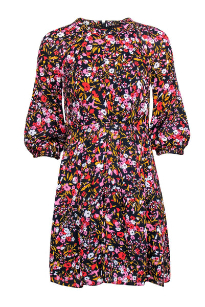 Tall Tall A-line Long Sleeves Spring Floral Print Pleated Round Neck Dress