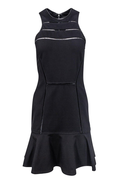 Fitted Mesh Back Zipper Piping High-Neck Little Black Dress