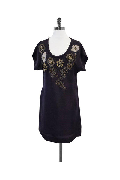 Silk Floral Print Short Sleeves Sleeves Scoop Neck Beaded Hidden Side Zipper Dress