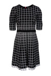 A-line Geometric Print Round Neck Pleated Back Zipper 3/4 Sleeves Little Black Dress