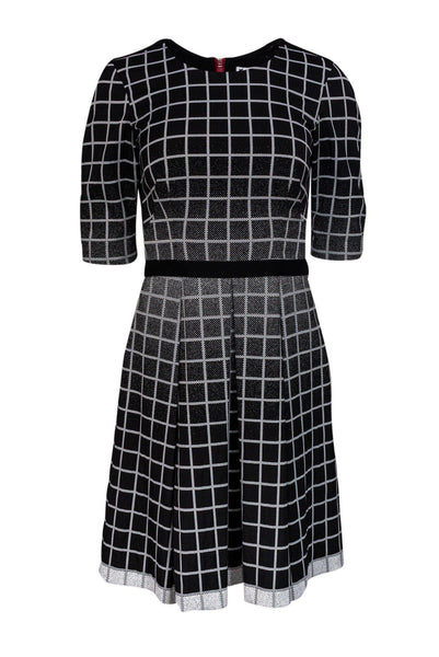 A-line Round Neck Geometric Print Pleated Back Zipper 3/4 Sleeves Little Black Dress