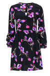 Fit-and-Flare Hidden Back Zipper Keyhole Fitted Round Neck Floral Print Swing-Skirt Silk Long Sleeves Dress