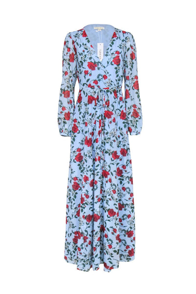 Floral Print Polyester Long Sleeves Wrap Snap Closure Tie Waist Waistline Maxi Dress