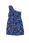 Silk Floral Print Pocketed Hidden Side Zipper One Shoulder Dress With Ruffles