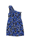 One Shoulder Floral Print Hidden Side Zipper Pocketed Silk Dress With Ruffles