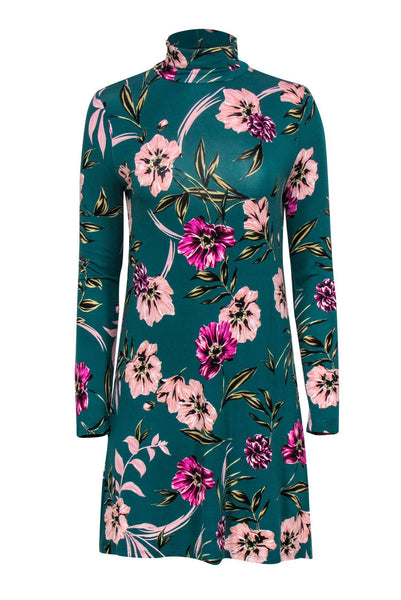 Fitted Stretchy Floral Print Turtleneck Long Sleeves Dress