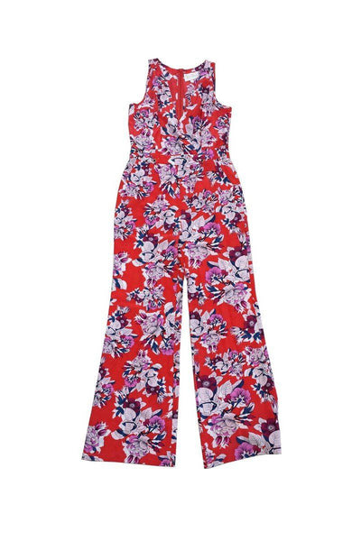 V-neck Floral Print Sleeveless Silk Pocketed Hidden Back Zipper Belted Jumpsuit