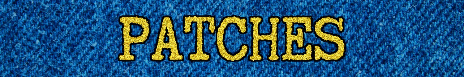 "PATCHES" text against denim blue background