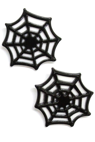 pair 1 1/4" round layered black on white plastic spiderweb post earrings