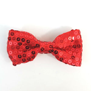4" x 2" bow hair clip of in red satin with shiny matching color sewn-on sequins and 2 1/8" gator clip fastener