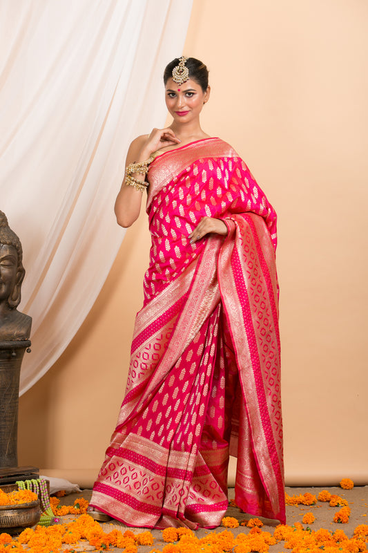 Sarika' Red-Rani Pink Pure Katan Silk Banarasi Handloom Saree - Tilfi