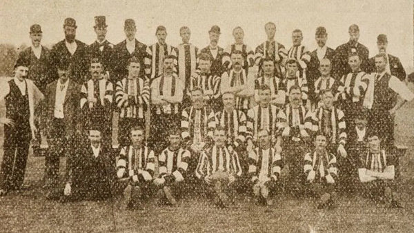 The earliest known photograph of a Collingwood team, in 1895, as published in Collingwood at Victoria Park.