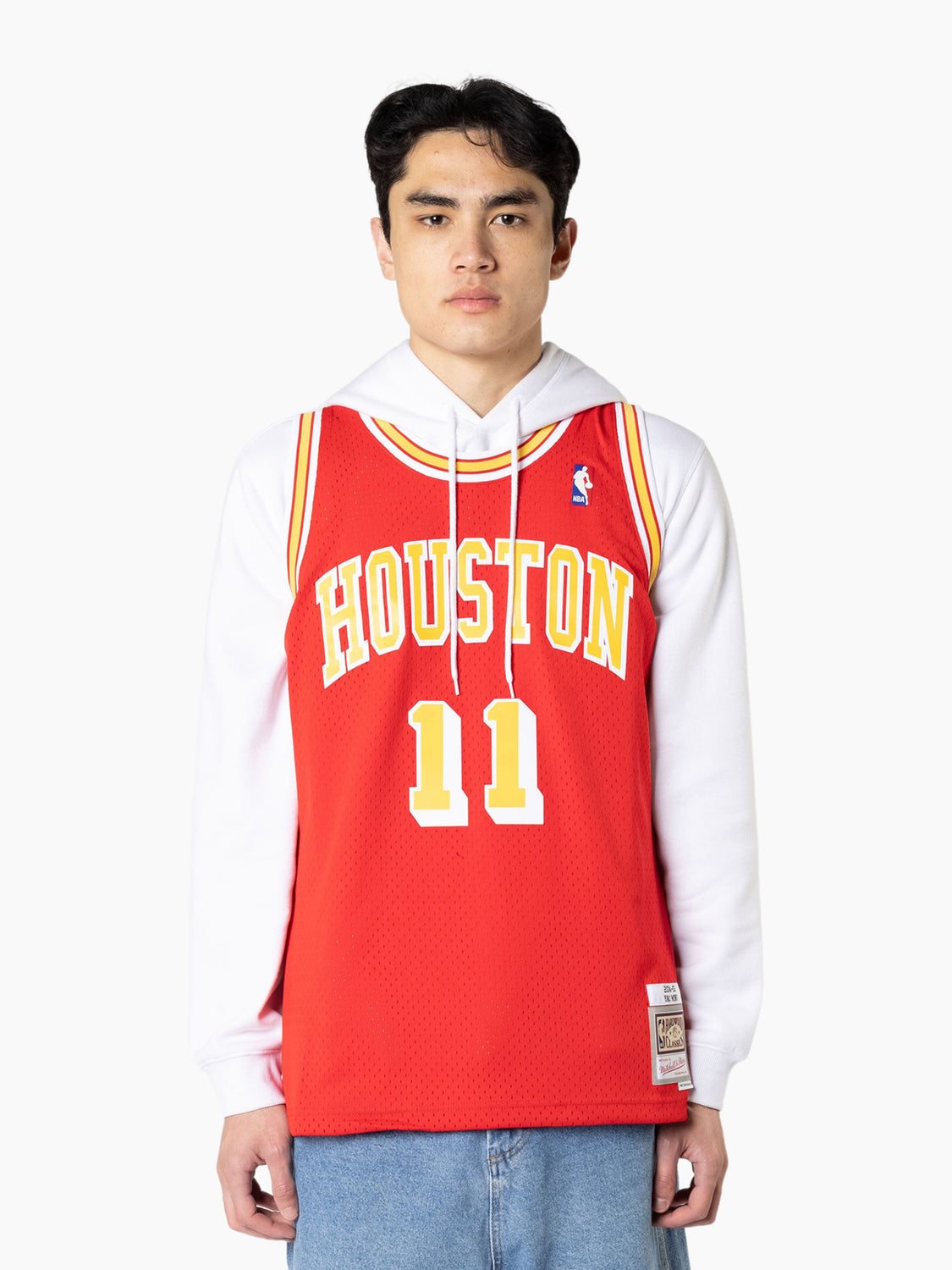 Men's Mitchell & Ness Yao Ming Navy/Red Houston Rockets Hardwood Classics 2004/05 Split Swingman Jersey Size: Medium