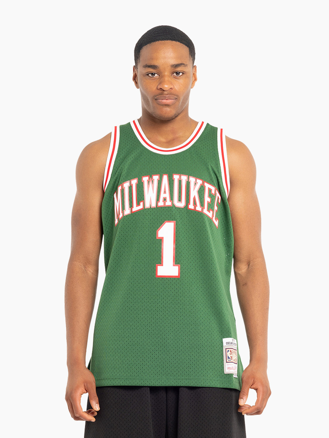 Men's Mitchell & Ness Oscar Robertson Green/Red Milwaukee Bucks Hardwood Classics 1971-72 Split Swingman Jersey