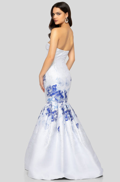 Terani Couture - 1911P8648 Metallic Print Sweetheart Mermaid Dress In White and Blue