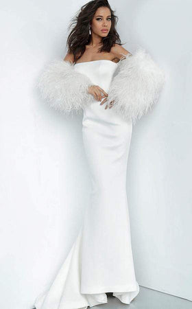 Jovani - Feather Sleeve Evening Dress