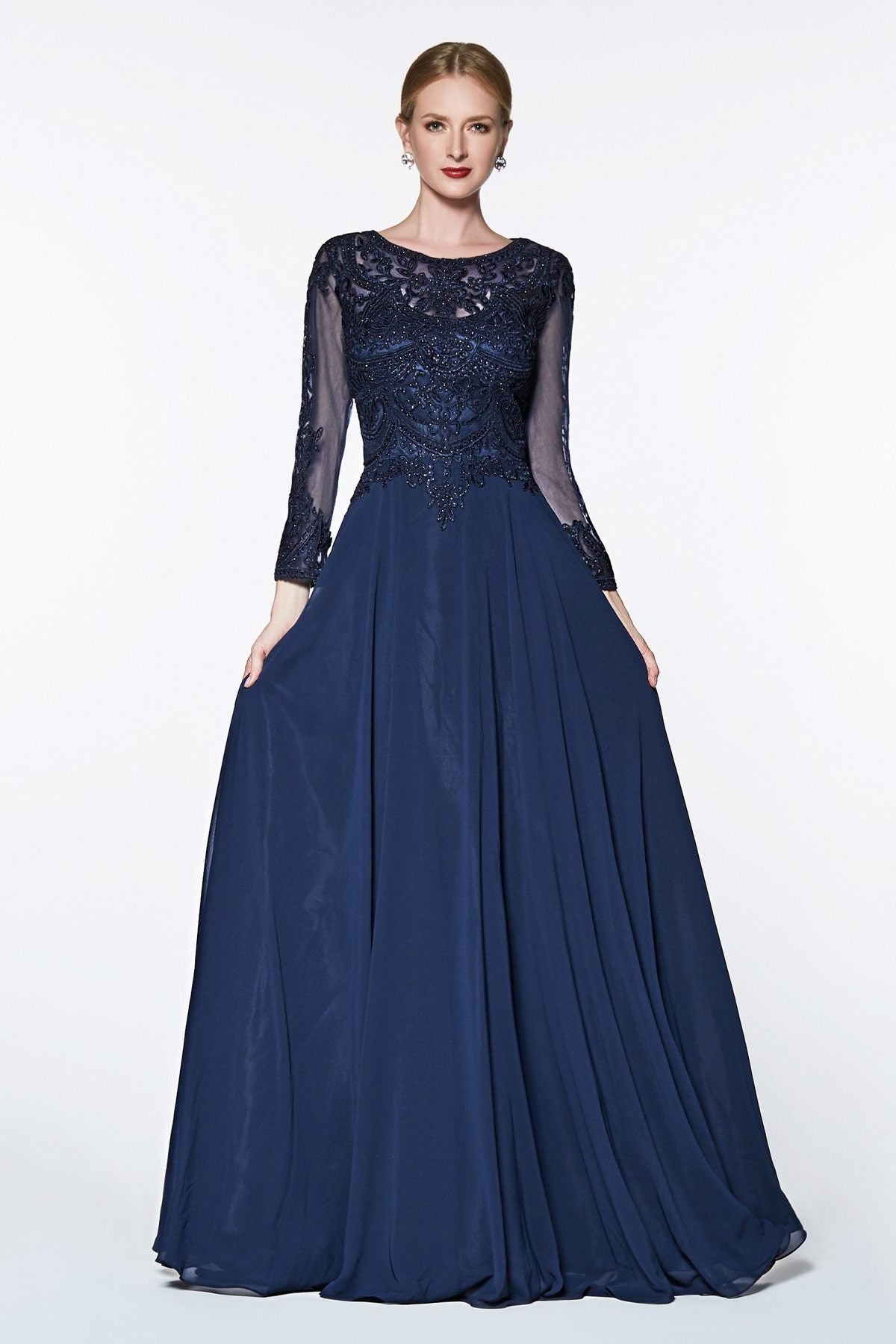 Cinderella Divine - CD0127SC Lace Applique Quarter Sleeve A-Line Dress