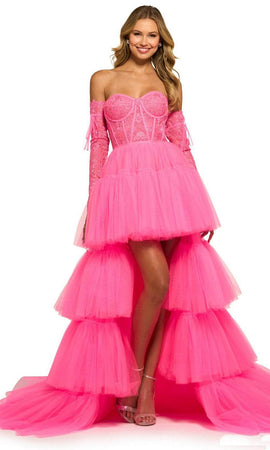 Hot Pink High Low Detachable Sleeves Corset Homecoming Dress with