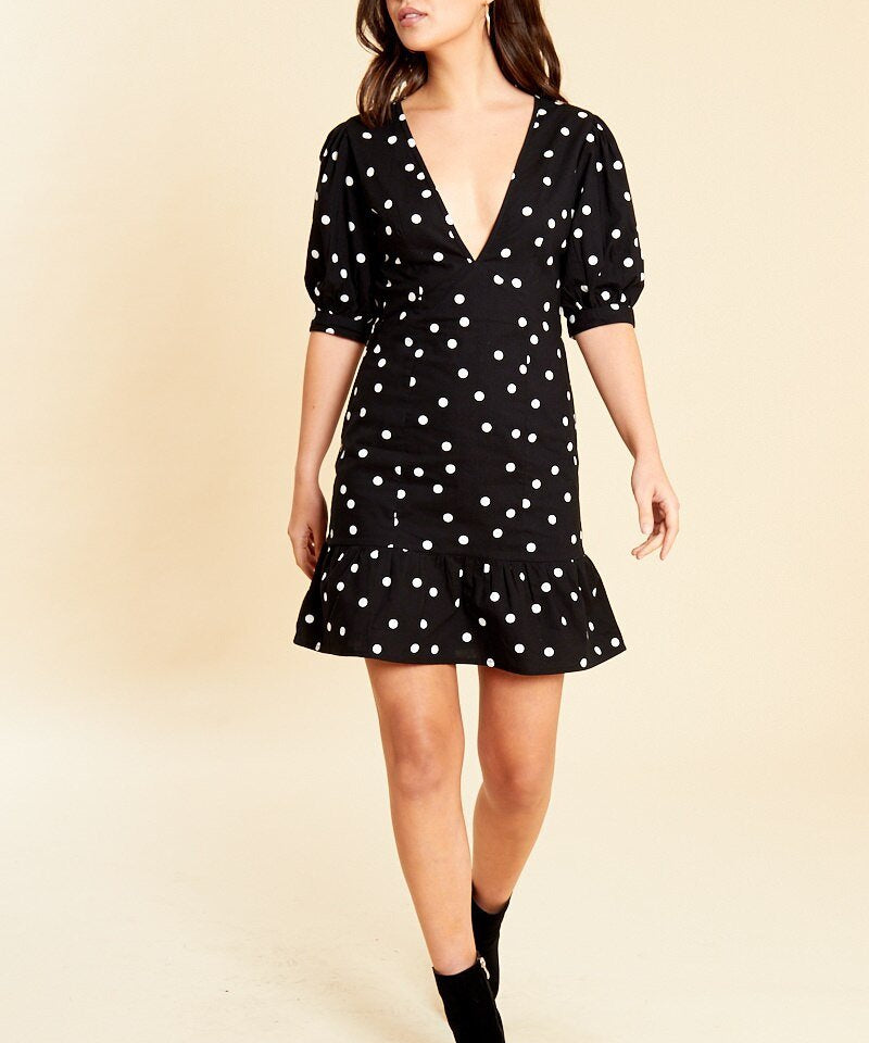 plunge polka dot dress